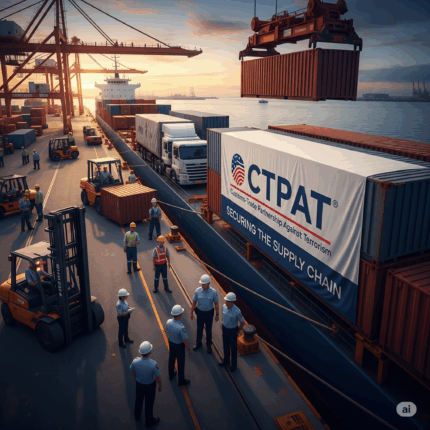 Image of container with ctpat on a white drape on a container overlooking sea